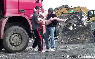 Construction site Make noticeable gangbang with a young pretty girl